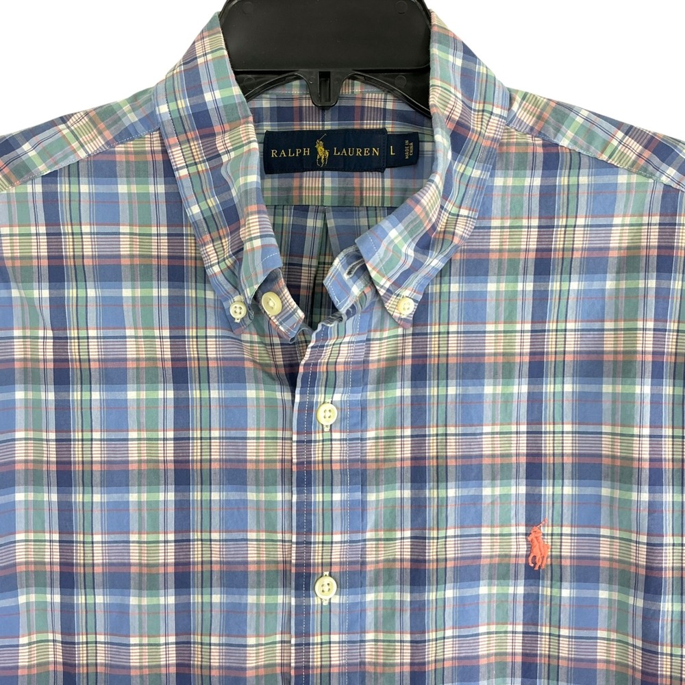 Polo Ralph‎ Lauren Men's Large Blue Green Plaid Button Down Shirt Pony Casual